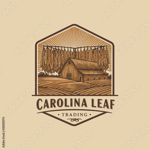A vintage-style logo depicting tobacco leaves drying near a barn in a field, representing Carolina Leaf Trading.