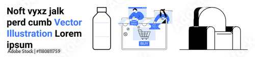 Bottle illustration, people shopping on e-commerce platform, and modern furniture graphic. Ideal for e-commerce, online shopping, digital marketplaces, product listings, consumer behavior, retail
