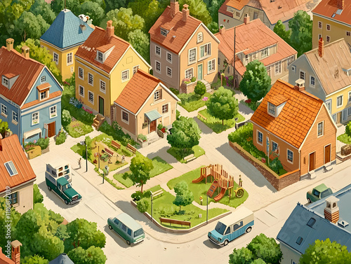 A vibrant neighborhood scene with colorful houses, greenery, and a playground. photo