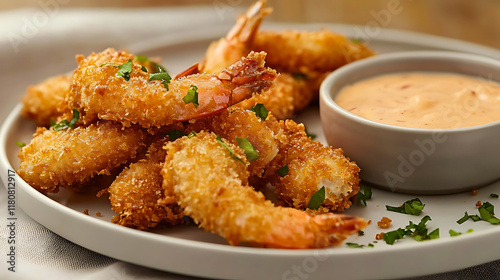 A plate of fried shrimp with a dipping sauce. generated using AI
