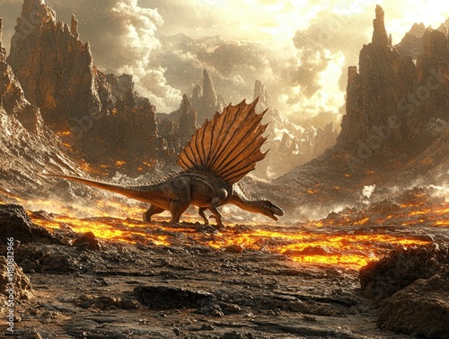 A Spinosaurus traverses a volcanic landscape with flowing lava and dramatic rocky formations. photo