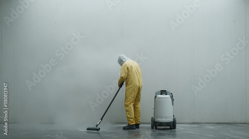 Professional Man in Yellow Jumpsuit Using Industrial Vacuum Cleaner to Clean a Space with Dust in a Minimalist Environment