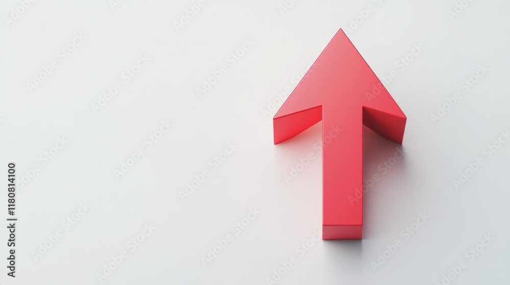 Triangular 3D arrow in vibrant red pointing upward, isolated on a bright white background. Triangular 3D arrow in vibrant red pointing upward, isolated on a bright white background.