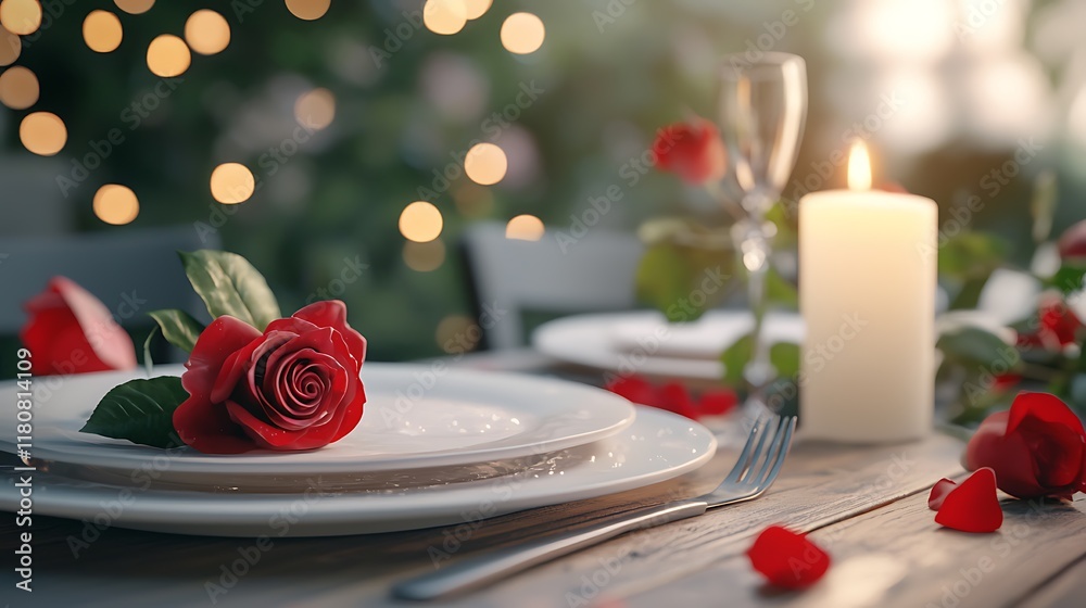 Romantic candlelit dinner table setting with glowing ambiance elegant red rose flowers and luxurious tablecloth stemware and dishware Intimate exclusive Romantic candlelit dinner table setting with glowing ambiance elegant red rose flowers and luxurious tablecloth stemware and dishware Intimate exclusive
