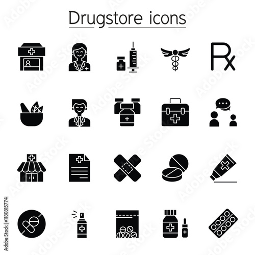 Pharmacy icon set. Included the icons as drug, pills, capsule, herbal medicines, pharmacist, drugstore and more