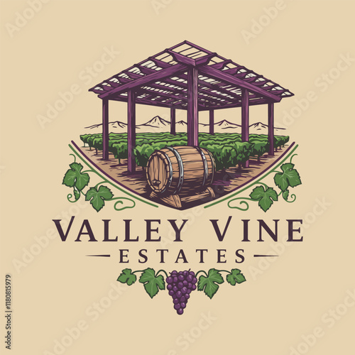 A stylized logo depicting a vineyard with a pergola, wine barrel, and grapes, representing Valley Vine Estates.