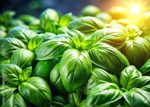 Closeup Basil Texture, Green Lush Basil, Natural Basil