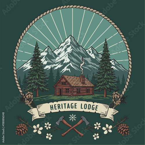 A vintage illustration depicts a rustic log cabin nestled in a snowy mountain range, surrounded by pine trees and flora.