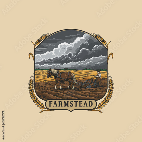 A vintage illustration depicts a farmer using a horse to plow a field under a dramatic stormy sky, symbolizing rural life and agriculture.