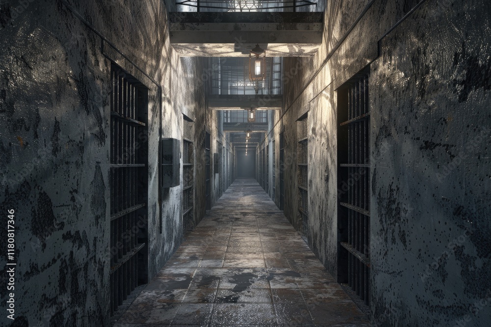 Long Hallway Inside Jail Cell Building, Symbolizing Confinement and Legal Justice System Long Hallway Inside Jail Cell Building, Symbolizing Confinement and Legal Justice System