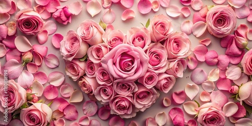 Heart Shaped Arrangement of Pink Roses and Petals