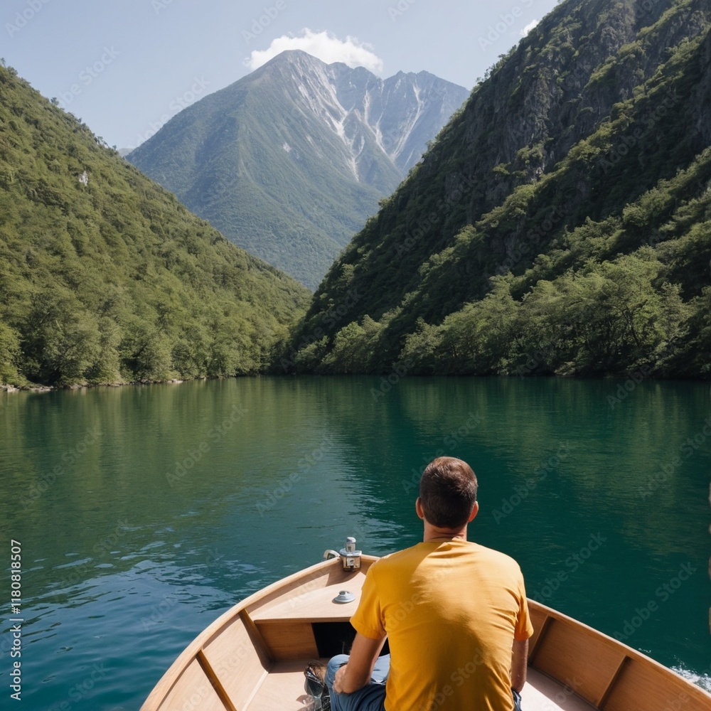Rear view of man looking at mountain view while sitting on boat Rear view of man looking at mountain view while sitting on boat