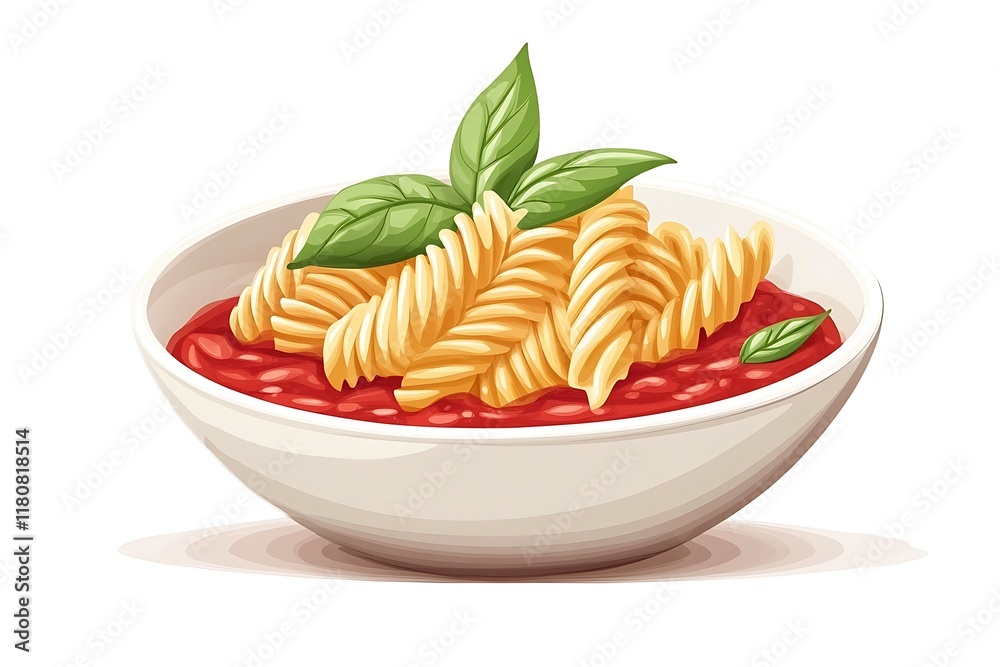 Bowl of Spiral Pasta with Tomato Sauce and Basil Leaves on White Background Bowl of Spiral Pasta with Tomato Sauce and Basil Leaves on White Background