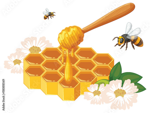 Honeycomb and Bees with Flowers