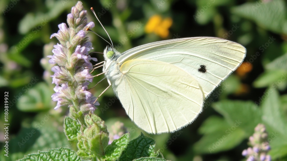 White butterfly feeding on lavender, garden, sunny day, nature, poster White butterfly feeding on lavender, garden, sunny day, nature, poster
