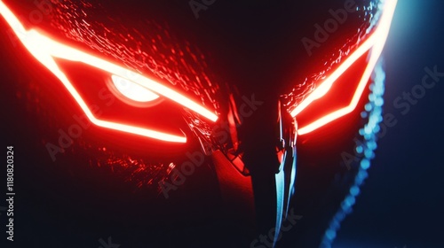 Close-up futuristic owl head with glowing red eyes. photo