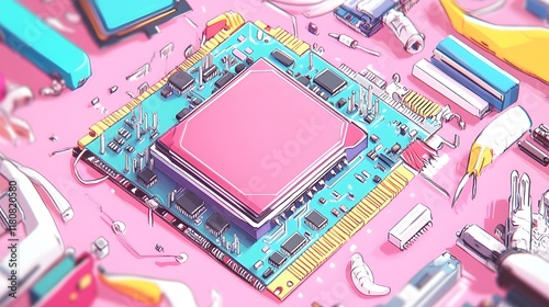Intricate Computer Processor Surrounded by Diverse Electronic Components in a High-Tech Environment Showcasing Innovation and Modern Technology Aesthetics