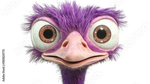 Close-up of a cartoon ostrich head with exaggerated eyes and a surprised expression. photo