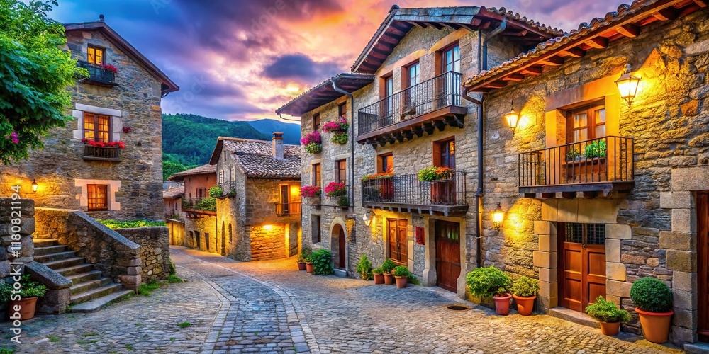 Fototapeta premium Medieval Basque Country Stone Houses - Ujue Village, Navarra, Spain