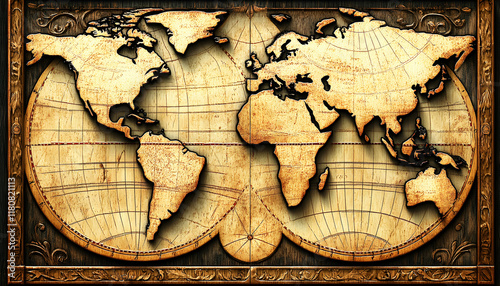 Antique world map, embossed on wood,  vintage travel, global exploration concept. photo