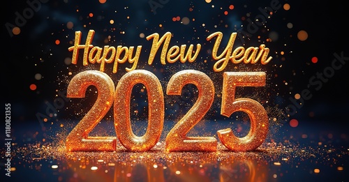 Happy New Year 2025 in golden typography with sparkling details, vibrant multicolored glitter bursts, and a rich black background. Modern, festive, and eye-catching design.
