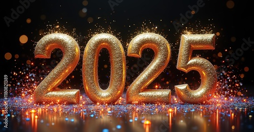 Happy New Year 2025 in golden typography with sparkling details, vibrant multicolored glitter bursts, and a rich black background. Modern, festive, and eye-catching design.