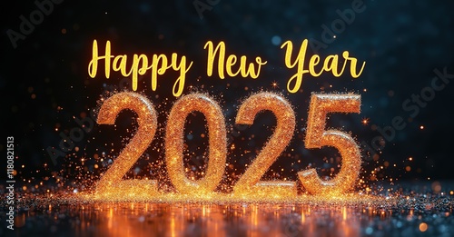 Happy New Year 2025 in golden typography with sparkling details, vibrant multicolored glitter bursts, and a rich black background. Modern, festive, and eye-catching design.