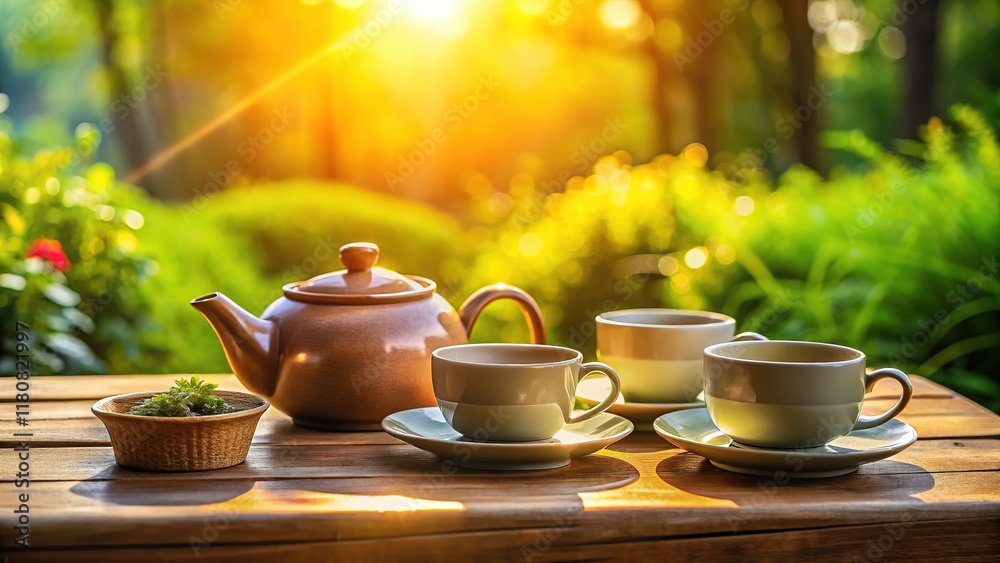 Fototapeta premium Outdoor Tea Party, Ceramic Mugs, Wooden Table, Sunlight