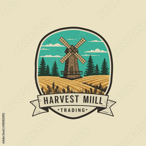 A vintage logo depicting a rustic windmill in a harvested field surrounded by trees under a partly cloudy sky.