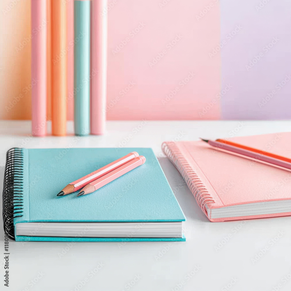 Colorful notebooks and pencils on white desk Colorful notebooks and pencils on white desk