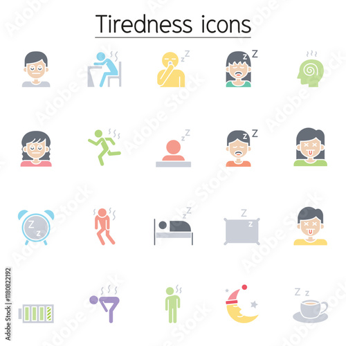 Tiredness, sleepy icons set in thin line style