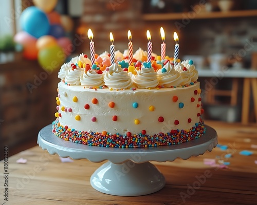 Delicious birthday cake with lit candles. photo