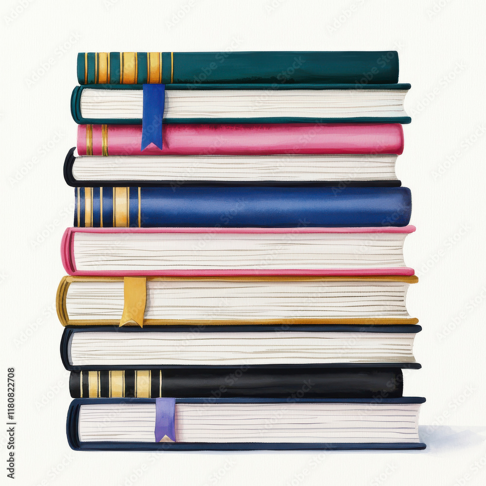 Fototapeta premium Stack of colorful books with bookmarks and pencils