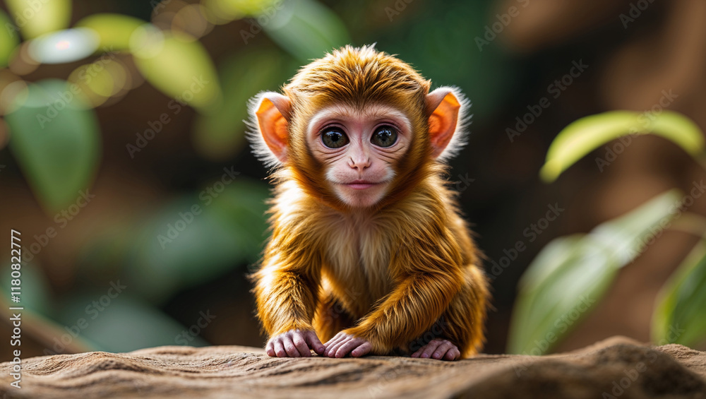 Fototapeta premium Adorable baby monkey sitting on rock, looking at camera. (1)