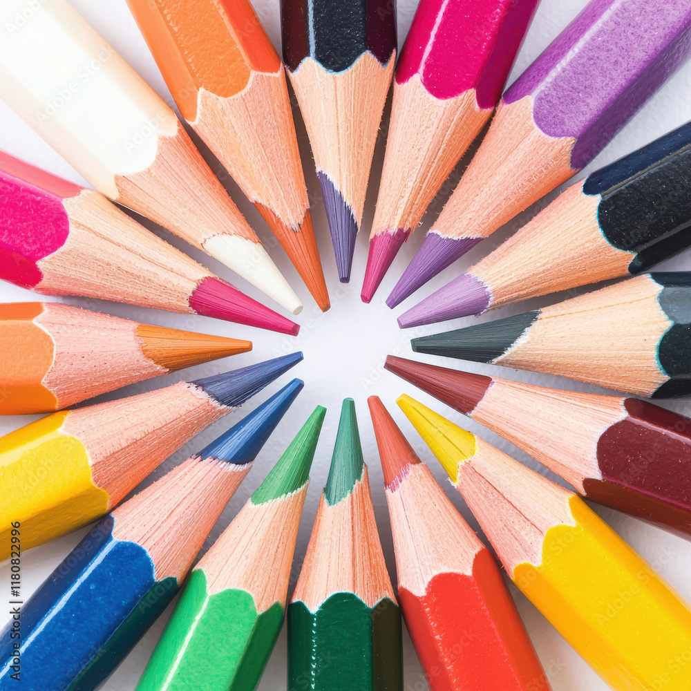 Colorful pencils arranged in radial pattern create vibrant display Colorful pencils arranged in radial pattern create vibrant display