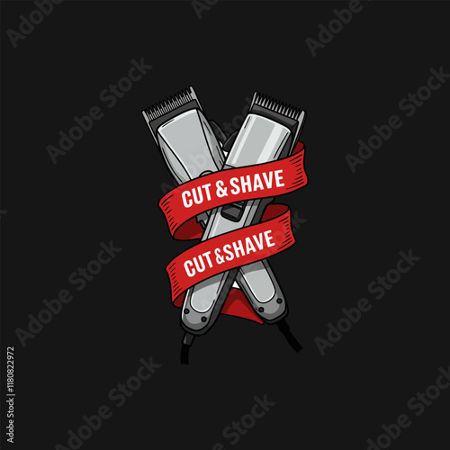A graphic design featuring two crossed electric razors and a red ribbon with the words Cut and Shave.