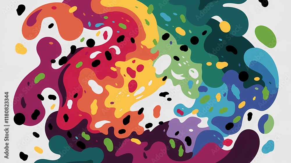 Fototapeta premium Colorful Abstract Illustration of Swirling Shapes in Red, Orange, Yellow, Green, Blue, and Purple with Small Black Shapes on a White Background