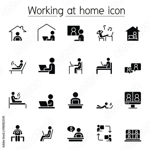 Working at home icons set in thin line style