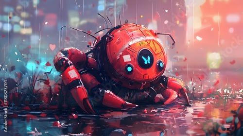 Vibrant Red Robot Playfully Perched on a Reflective Puddle Amidst a Gloomy Urban Setting Evoking a Unique Blend of Technology and Nature