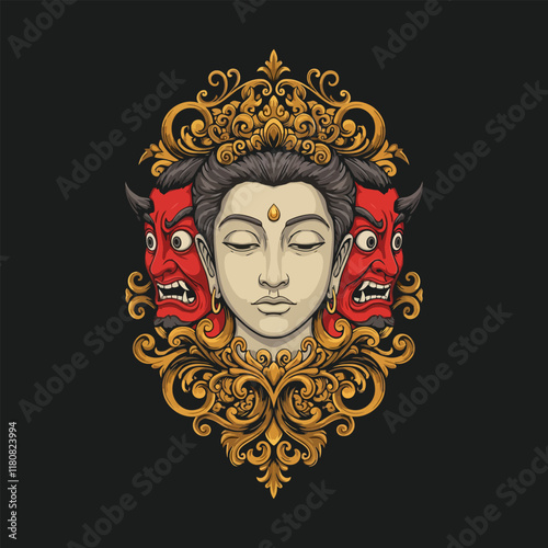 A serene Buddha face is centrally positioned within an ornate gold frame flanked by two red angry demon masks.