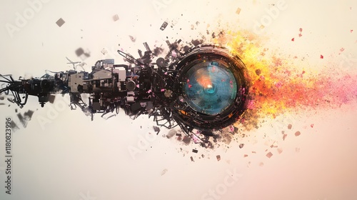 Vibrant Paint Splashes Surrounding a Camera Showcasing Artistic Expression and Creative Passion in a Colorful and Dynamic Studio Environment