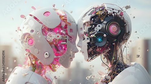 Intriguing Encounter Between Two Robots Engaged in a Thoughtful Standoff Capturing a Futuristic and Technological Atmosphere of Innovation