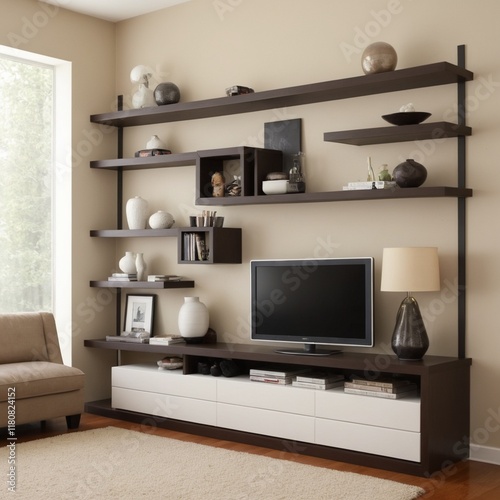 A contemporary room with sleek shelf units provides a stylish and functional space for displaying and organizing items in a modern home setting
