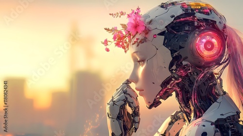 Whimsical Robot Adorned with Colorful Flower in Hair Surrounded by Lush Greenery Evoking a Playful and Imaginative Atmosphere of Nature and Technology