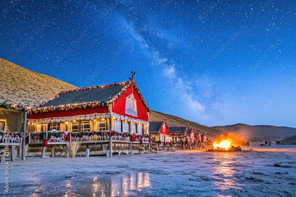 A vibrant red building under a starry sky with a campfire, showcasing a serene landscape. A vibrant red building under a starry sky with a campfire, showcasing a serene landscape.