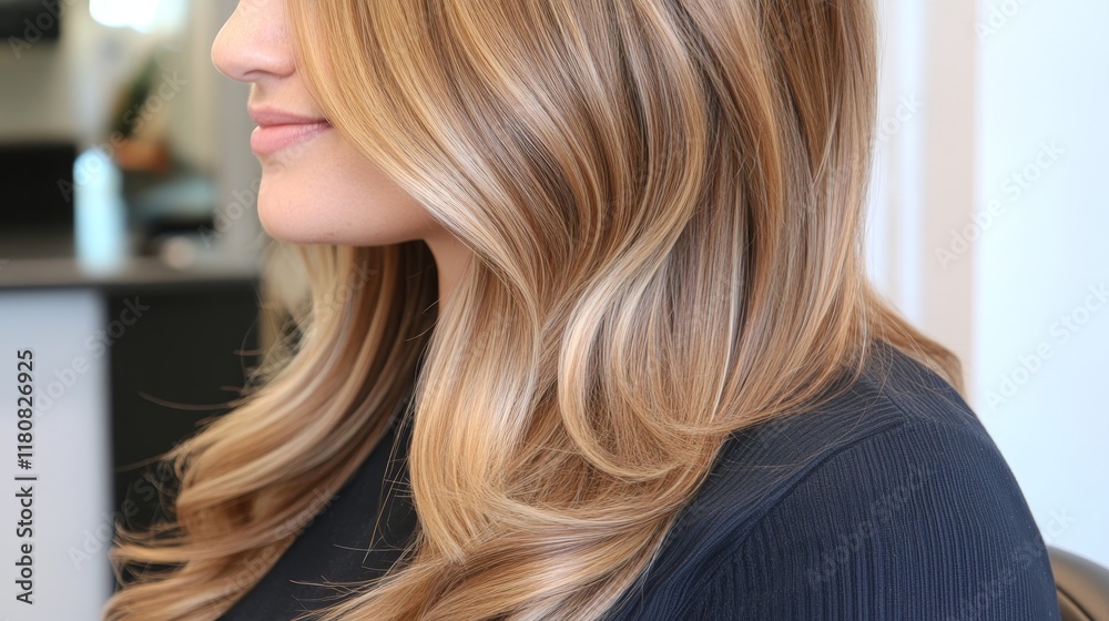 A woman with beautifully styled, wavy blonde hair in a salon setting. A woman with beautifully styled, wavy blonde hair in a salon setting.
