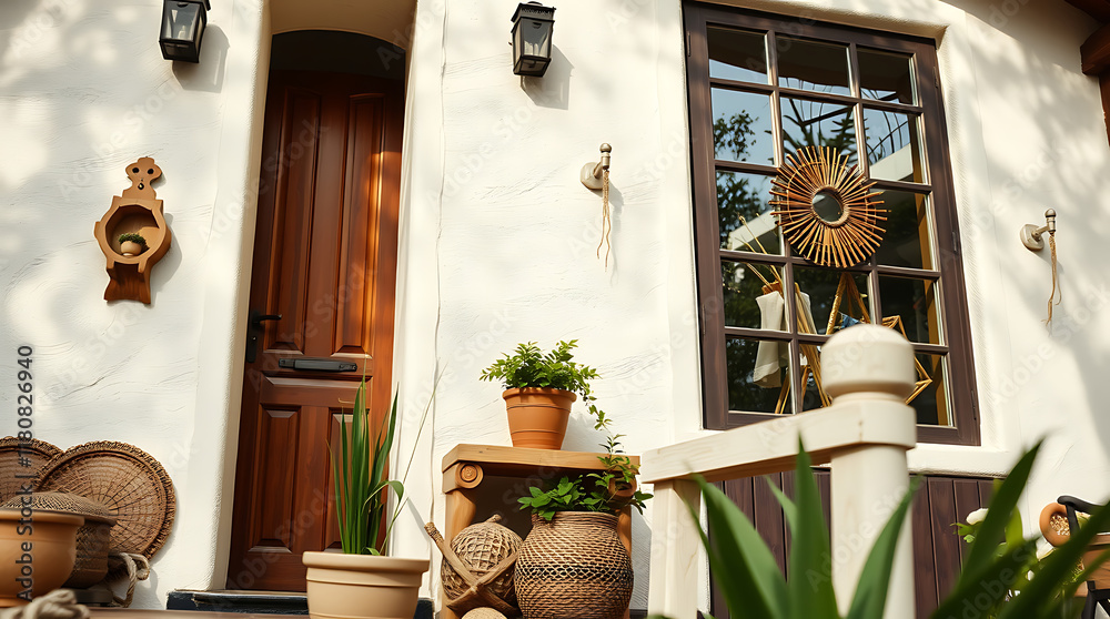 Fototapeta premium A white stucco house's entrance features a dark wood door, window with a woven wreath, potted plants, and decorative wall accents. Earthy tones and textures create a rustic, inviting feel.