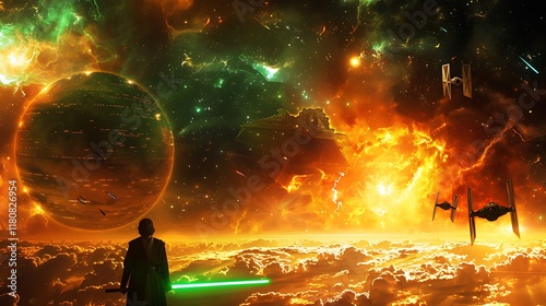 Jedi Knight Contemplates Cosmic Battle Above Fiery Planet photo
