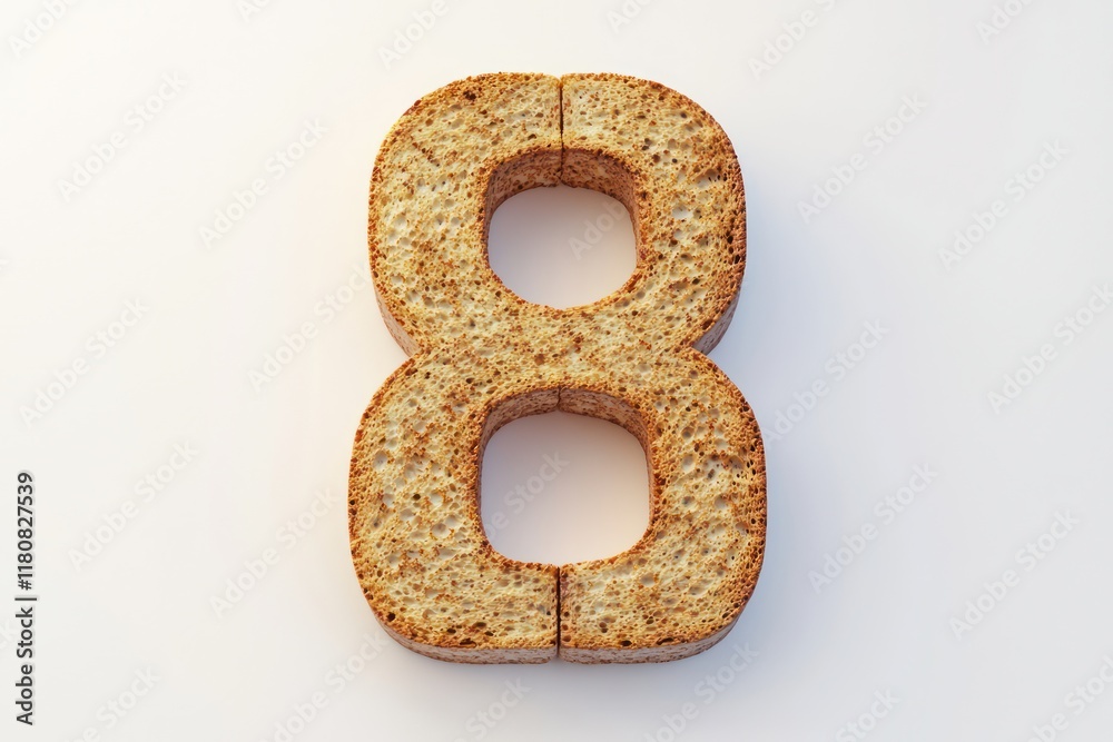 Lifelike 3D model of 8 formed with toast bread, on a stark white base. Lifelike 3D model of 8 formed with toast bread, on a stark white base.