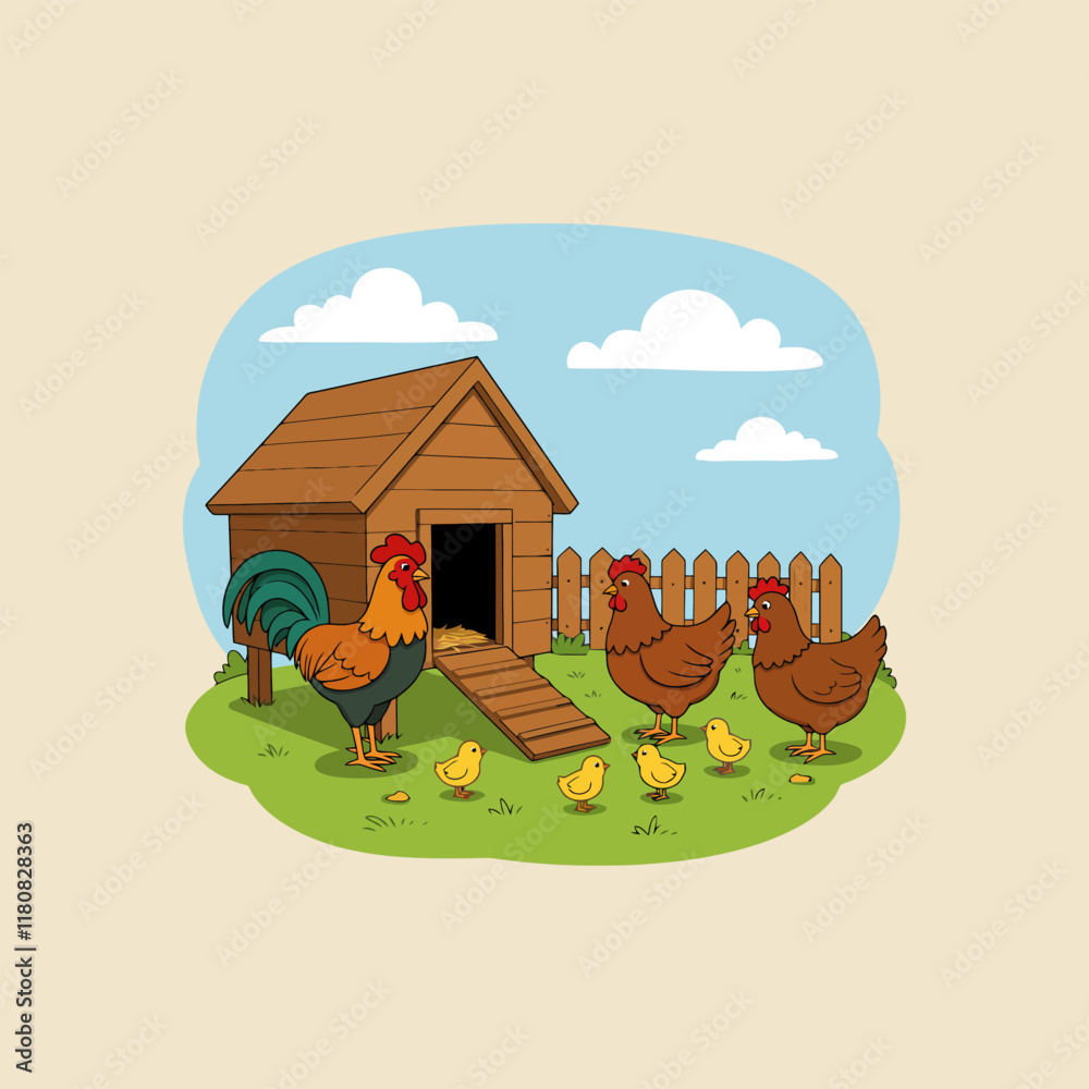 Naklejka premium A cartoon illustration depicts a rooster, two hens, and their baby chicks near a wooden coop in a farmyard setting.